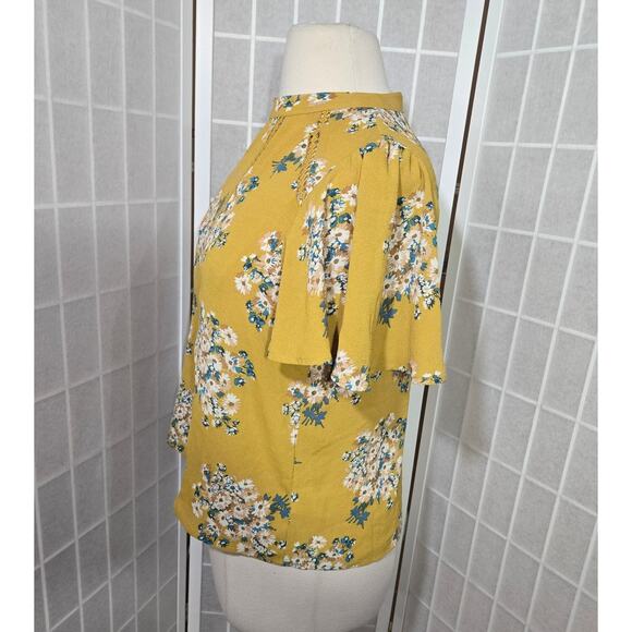 June & Hudson Woman Yellow Floral Lattice Flutter Sleeves Top Blouse Size Large - Picture 3 of 8